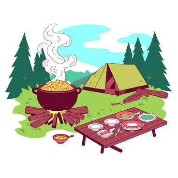 A vibrant outdoor scene features a large pot of biryani simmering over an open fire at a campsite. Wisps of steam rise from the pot, creating an inviting aroma. Surrounding the fire, there are several logs arranged for seating and a backdrop of tall trees with green leaves. Nearby, a picnic table is set with colorful plates and utensils, ready for serving. The ground is covered with patches of grass, and a large tent is pitched in the distance, completing the camping atmosphere.