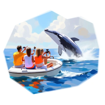 A group of tourists on a small boat is gathered at the edge of the ocean, their faces filled with excitement as they point towards a spectacular sight. The boat is rocking gently on the waves, and there are five people onboard, each wearing colorful summer clothing. Some are holding cameras, capturing the moment. In the foreground, a large whale is breaching the ocean surface, its massive body arcing gracefully through the air, splashing water droplets around it. The ocean is a deep blue, reflecting the sunlight, while a clear sky stretches above. The tourists' expressions convey joy and wonder as they witness this magnificent natural event.