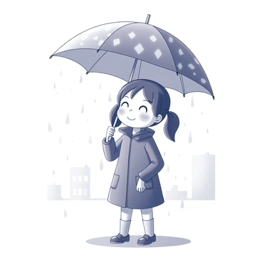A cartoon girl is standing in the rain, wearing a raincoat that has a glossy finish. She is holding an umbrella that is open above her head, displaying a pattern of various shapes. The rain is falling lightly around her, creating small droplets on the ground. Her hair is styled in two pigtails, and she has a cheerful expression on her face while looking up at the sky. The background shows a faint outline of trees and buildings, lightly obscured by the mist from the rain.