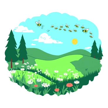A swarm of bees is flying in a perfect V-formation across a vibrant green landscape. Below the bees, there are rolling hills covered with wildflowers in various colors. The sun is shining brightly, casting soft shadows on the ground. In the background, there are a few tall trees with lush foliage, and a clear blue sky with scattered white clouds is visible above. The scene captures the movement of the bees as they navigate through the open space.
