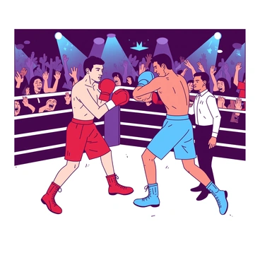 Two amateur boxers are in an intense exchange of blows in the center of a boxing ring. One boxer is wearing red trunks, while the other is in blue trunks, both showing focused expressions. Around the ring, a cheering crowd is visible, with hands raised and mouths open in excitement. The background is filled with colorful banners and lights that highlight the energy of the match. A referee stands nearby, observing the fighters closely. The floor of the ring is covered in a white canvas, contrasting with the vibrant colors of the boxers and the enthusiastic audience.