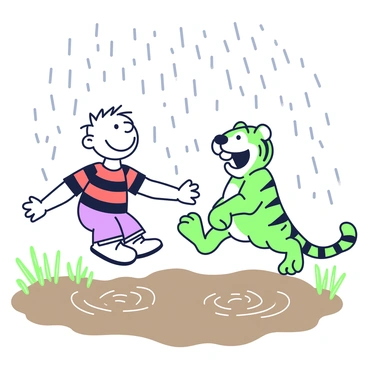 Calvin and Hobbes are jumping enthusiastically in a large mud puddle on a rainy day. Calvin, a young boy with spiky hair, is wearing a red and black striped shirt, and he has a big smile on his face as he leaps into the air. Water splashes around him as he lands in the puddle. Hobbes, the tiger, is next to him, also mid-jump, with a joyful expression. The sky is gray with rain falling in streaks, and there are ripples spreading out from the impact of their jumps in the muddy water. Surrounding them are a few green grass blades peeking through the mud, adding to the lively atmosphere.