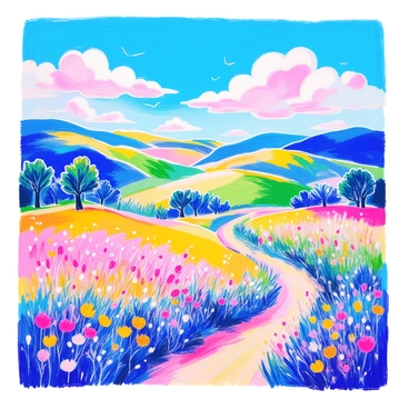 A scenic countryside landscape features rolling green hills under a bright blue sky. "Clouds in the shape of butterflies" are drifting gracefully across the sky, their delicate wings softly illuminated by sunlight. In the foreground, a winding dirt path leads through fields of wildflowers in various colors such as yellow, purple, and white. A few trees with lush green leaves are scattered throughout the landscape, creating a harmonious balance with the vibrant sky above.