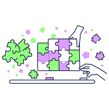 A table is covered with scattered puzzle pieces in various shapes, some pieces are grouped together as they are being assembled. To the left, a cluster of green pieces is forming the edge of the puzzle. In the center, several purple pieces are placed together, showing a glimpse of an image. There are a few stray pieces that lie apart from the groups, adding to the chaotic appearance of the scene. A pair of hands is reaching towards the table, poised to pick up a piece and fit it into the emerging puzzle.
