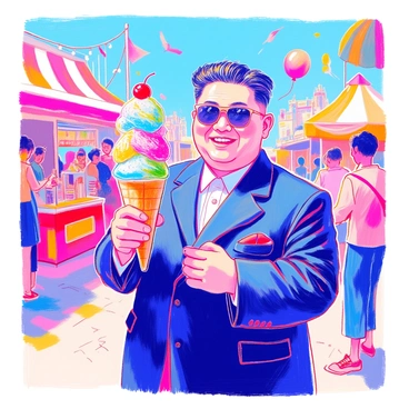 Kim Jong Un is standing at a summer festival, smiling widely as he holds an oversized ice cream cone. The ice cream cone is colorful, with multiple scoops of different flavors, topped with a cherry. He is wearing a dark suit and sunglasses, and the vibrant festival scene around him includes bright banners and decorations. In the background, there are people enjoying the festivities, and colorful balloons float in the air. A few food stalls are visible, adding to the lively atmosphere.