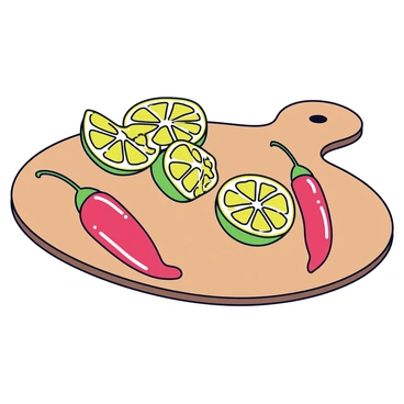 A wooden cutting board with a smooth surface. On the board, there are several sliced limes arranged in a circular pattern, showcasing their bright green flesh and shiny skin. Next to the lime slices, there are fresh red chili peppers with a glossy surface, varying in size and shape. The vibrant colors of the limes and red chili peppers contrast against the natural wood of the cutting board.