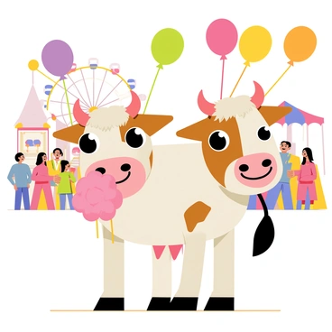 A joyful two-headed calf with brown and white patches stands in a vibrant carnival setting. The calf has large, expressive eyes and a wide grin, capturing its happiness. Colorful balloons of various shapes and sizes are tied to its horns and float around it. In one of its mouths, the calf holds a fluffy pink cotton candy, while the other mouth is open in delight. The background features carnival rides, bright lights, and a crowd of excited visitors enjoying the festivities.