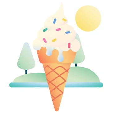 A close-up of an ice cream cone with creamy, pastel-colored ice cream is positioned in the foreground. The ice cream is melting, and droplets are visibly dripping down the sides of the cone. The cone is a classic waffle cone with a crispy texture. In the background, a bright sun is shining, indicating a hot summer day. There are hints of green grass and gentle shadows cast by trees, suggesting a sunny outdoor setting. The ice cream has sprinkles on top, adding a pop of color to the scene.