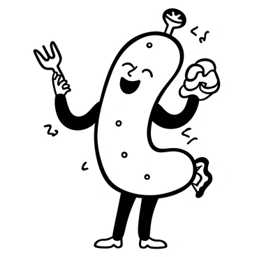 A bratwurst character with arms and legs is standing upright. The bratwurst has grill marks and a shiny surface, and it is holding a fork in one hand. In the other hand, the bratwurst character is holding a toasted bun. There is a playful expression around its body language, suggesting a cheerful demeanor. The background features abstract shapes, enhancing the lively atmosphere of the scene.