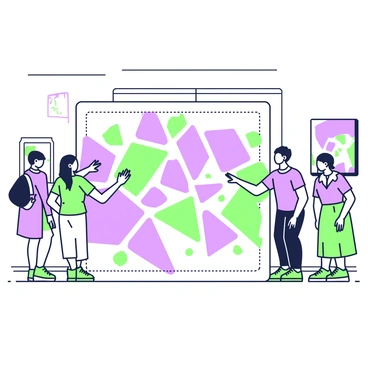 An audience is gathered around a large interactive art installation in a gallery. The installation features a series of interconnected geometric shapes that are illuminated. Some visitors are reaching out to touch various sections of the installation, while others stand back, observing. A woman is smiling as she interacts with a panel that changes colors when touched. In the background, there are abstract artworks hanging on the gallery walls. Soft lighting enhances the focal point of the installation, creating an inviting atmosphere for exploration.