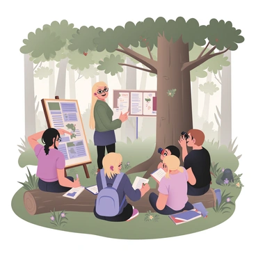 A digital flat illustration depicting a nature lecture taking place in a lush green forest. In the center, a teacher, with light skin and glasses, stands next to a large tree, pointing at a colorful poster about local wildlife. Surrounding the teacher, a group of diverse students of various skin tones are engaged in exploration. One student, with curly black hair, is examining a butterfly perched on a nearby leaf. Another student, with long brown hair, is taking notes while sitting on a fallen log. A third student, with short blond hair, is peering through binoculars at the treetops. Sunlight filters through the branches, creating dappled patterns on the forest floor, which is rich with green plants and small wildflowers.