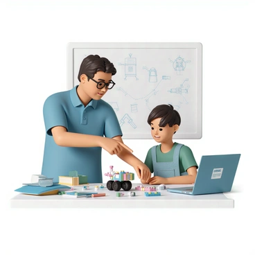A robotics coach, wearing a blue polo shirt and black glasses, stands next to a student who is seated at a table. The student, dressed in a green t-shirt and denim overalls, is intently focused on a small robot made of colorful building blocks and wires. The coach is pointing at the robot while explaining a concept, with a look of encouragement on their face. The table is cluttered with various tools, spare parts, and a laptop displaying code. In the background, a whiteboard is filled with sketches and diagrams related to robotics.