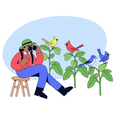 A birdwatcher quietly observing various birds perched on tea plants.
