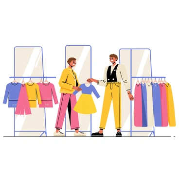 A customer with short brown hair is standing in a bright, spacious store, smiling as they interact with a fashion consultant. The consultant, wearing a stylish outfit, is holding a colorful dress and showcasing it to the customer. Surrounding them are neatly arranged clothing racks filled with various garments in vibrant colors. There are large mirrors reflecting the happy expressions of both the customer and the consultant. Soft lighting illuminates the scene, creating an inviting atmosphere.