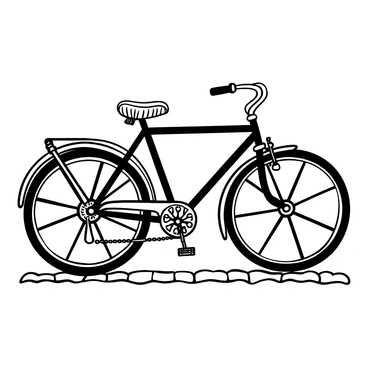 An old-fashioned bicycle with large, spoked wheels stands prominently. The frame is elegantly crafted with intricate line art details showcasing ornate patterns and designs. There is a leather seat positioned above the frame, and the handlebars curve gracefully. The pedals are visible, with chain links connecting to the rear wheel. The ground beneath is textured, suggesting a cobblestone path.