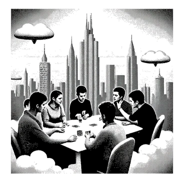 A city is situated among fluffy white clouds, with tall, whimsical buildings designed in unique shapes. The sky is filled with soft wisps of clouds that create a dream-like atmosphere. In the foreground, a group of inhabitants with varied appearances is gathered around a large table, fully engaged in an intense card competition. They are focused on their cards, showcasing expressions of concentration and excitement. The cards are intricately designed and displayed prominently on the table. Surrounding the group, floating platforms and bridges connect different parts of the cloud city.