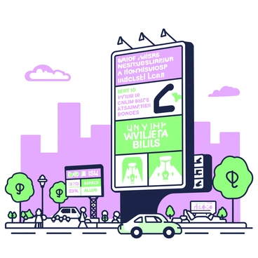 A futuristic billboard stands tall against a city skyline, its surface shimmering with high-tech visuals. The billboard features multiple digital screens displaying various advertisements related to utility bills. Each screen showcases vibrant graphics and animated text, highlighting different services and promotions. In the foreground, a busy street with pedestrians and vehicles creates a lively urban atmosphere. The sky above is dotted with a few clouds, adding depth to the scene. Bright illumination from the billboard casts a glow on the surrounding area, emphasizing the advanced technology of the structure.