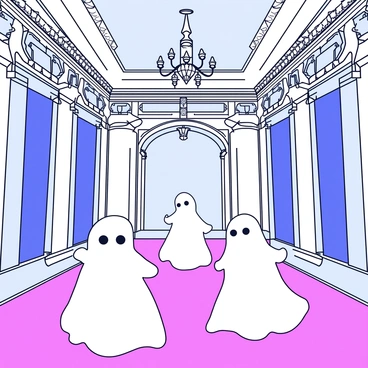 Ghostly figures dancing in a grand ballroom with chandeliers and cobwebs