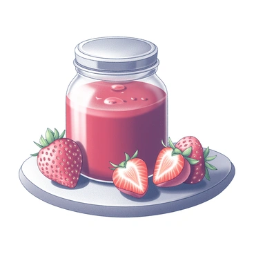 A glass jar filled with homemade strawberry jam, showcasing its glossy, thick texture. The jar has a metal lid, slightly ajar, revealing the vibrant contents inside. Next to the jar, several fresh strawberries are arranged, their green leaves still attached. The strawberries are whole, showcasing their red surface and seeds. A wooden table serves as the base for this arrangement, providing a natural setting for the display.