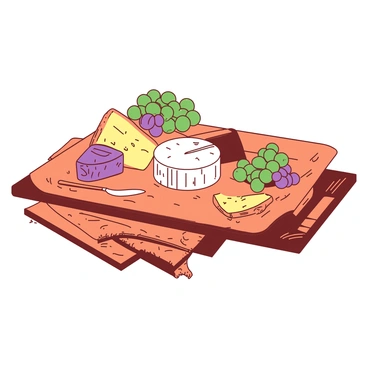 An orange alpine cheese platter is elegantly arranged with various types of cheese such as brie, cheddar, and blue cheese. There are clusters of green and purple grapes scattered throughout the platter. A small silver knife is placed next to the cheeses, ready for serving. The platter rests on a rustic wooden table, adding warmth to the presentation.