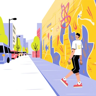 A vibrant city street featuring a wide sidewalk and a few parked cars. On one wall, there is a large, colorful graffiti mural showcasing various abstract shapes and vivid colors, including bright yellows, blues, and reds. The mural depicts stylized characters and intricate patterns that draw the eye. In the foreground, a pedestrian is walking by, observing the artwork. Streetlights illuminate the scene, casting a warm glow on the mural and surroundings.
