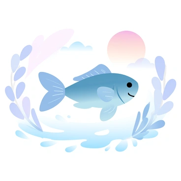 A minnow is swimming gracefully in a tranquil lagoon, surrounded by rippling water. The minnow's delicate fins are gently moving as it glides through the clear water. The surface of the lagoon reflects "a stunning sunset," with shades of orange, pink, and lavender blending seamlessly together. Silhouetted aquatic plants sway softly in the water, framing the scene around the minnow. Soft light casts gentle shadows, enhancing the serene atmosphere of the lagoon.