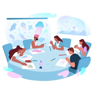 A group of students is gathered around large tables in an aquarium. One student is sketching a colorful clownfish, while another is focused on drawing a vibrant jellyfish with flowing tentacles. A third student is capturing the details of a coral reef, filled with various textures and shades. In the background, large glass tanks hold a variety of marine life, including sea turtles and starfish. The atmosphere is lively, with art supplies scattered across the tables and diagrams of marine species displayed on the walls.