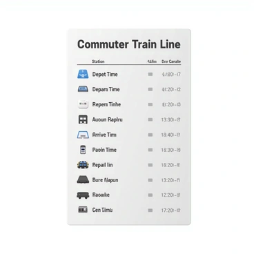 A detailed timetable illustration for a commuter train line. The timetable features a clean layout with a prominent title that reads "Commuter Train Line Timetable." Below the title, there are clearly marked columns for "Station," "Departure Time," and "Arrival Time." Each station is represented with a simple icon, such as a train or building, next to its name. The timings are displayed in a clear, bold font for easy readability. The background of the timetable is white to enhance contrast, and there are subtle lines separating each station entry. The overall design is organized and visually appealing, ensuring commuters can easily access the information they need.