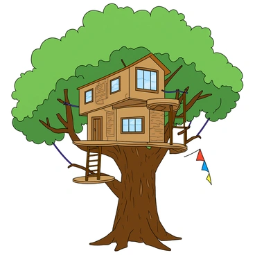A giant treehouse built high among the branches of an enormous, leafy tree. The treehouse features multiple rooms, each with large windows that overlook the forest below. Rope bridges connect the various sections of the treehouse, allowing for easy access between them. The tree's bark is rough and textured, while the leaves are a vibrant green, creating a lush canopy around the structure. Wooden ladders lead up to the entrances of the treehouse, and colorful flags flutter gently in the breeze, adding a playful touch to the scene.