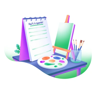 A modern pastel illustration of an artist's workspace featuring a list of art supplies written on a notepad. Next to the notepad sits a colorful palette filled with vibrant paint blobs. A set of brushes of varying sizes is displayed alongside the palette, some resting on the table and others standing in a jar. The workspace background includes a canvas propped up on an easel, suggesting an active creative environment.