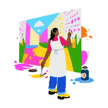 A modern Indian artist stands in front of a large city wall, actively painting a vibrant mural. The mural features intricate patterns and bright colors, showcasing a fusion of traditional and contemporary design elements. The artist, a woman with long black hair tied back, is wearing a splattered white smock and focused on her work. Around her, colorful splashes of paint in various hues, including pink, blue, yellow, and green, create a lively atmosphere. Brushes and paint cans are scattered on the ground near her, adding to the creative environment.