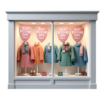 A department store window showcases a variety of winter clothing. The display includes colorful winter coats in shades of red, blue, and green, neatly arranged on mannequins. Scarves and gloves are displayed alongside the coats, featuring patterns such as stripes and polka dots. Several pairs of stylish boots are placed at the base of the window. Prominently featured are bright red "Boxing Day Sale" signs, with bold white lettering, drawing attention to the discounts. The background is lit with soft lighting, highlighting the textures of the fabrics and creating a warm atmosphere.