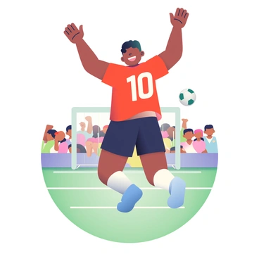 A soccer player with dark skin and short black hair is jumping high in the air in a dynamic celebration after scoring a goal. He is wearing a red jersey with the number "10" printed on the back and black shorts. His arms are raised triumphantly above his head, and he has a wide smile on his face. In the background, there is a green soccer field with a white goalpost, and a crowd of fans can be seen cheering in the stands. A soccer ball is captured mid-air, flying toward the goal behind him.