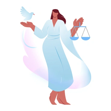 A figure of Themis, the personification of justice, is depicted in a graceful stance. She is holding a dove delicately in one hand, symbolizing peace. In her other hand, she balances a set of scales, representing justice, perfectly aligned. The scene is filled with soft gradient pastel colors, adding a gentle and harmonious atmosphere to the composition. Themis wears a flowing robe that drapes elegantly around her, complementing the serene visuals.