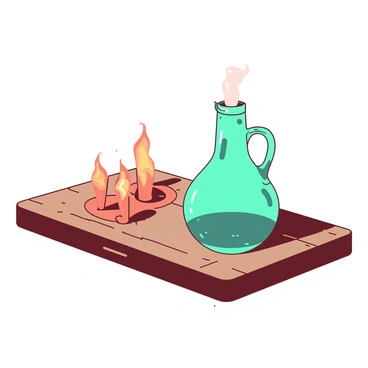 A teal glass flask sits on a wooden table beside three orange flickering candles. The candles are arranged in a small cluster, casting a warm glow that reflects off the surface of the flask. The background features soft shadows that enhance the cozy atmosphere of the scene. The table is slightly textured, adding depth to the image, while the warm light creates a welcoming and inviting ambiance.