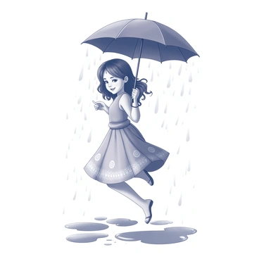 An Indian girl is playfully jumping over puddles. She is holding a large umbrella over her head. The girl has long, dark hair that flows as she leaps. Her expression is joyful and carefree. The scene captures the intensity of a monsoon downpour, with large raindrops falling around her. The ground is wet, with numerous puddles reflecting the surroundings. The girl's attire consists of a traditional dress which flares out as she jumps, creating a sense of movement.