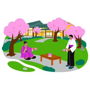 A traditional tea ceremony is taking place in a Japanese garden. A wooden table is set with a delicate tea set that includes a teapot and matching cups. Beautifully arranged cherry blossom trees are in full bloom, with soft pink petals fluttering in the gentle breeze. A stone path leads to the tea setup, surrounded by lush green grass and carefully placed stones. In the background, a traditional Japanese tea house with sliding doors and a thatched roof can be seen. A figure dressed in a kimono gracefully pours tea into a cup, while another figure sits attentively, ready to partake in the ceremony. The atmosphere is serene and harmonious, enhancing the traditional practice.