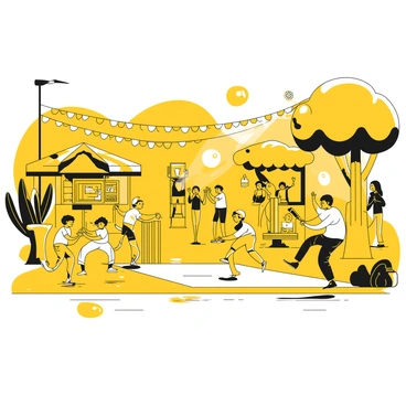 A lively street cricket game is taking place in a bustling neighborhood. Several children are actively playing, with one bowler in mid-delivery and a batsman ready to strike the ball. They are dressed in casual clothing, with some wearing caps. Spectators are gathered around, cheering and clapping, while a few are sitting on nearby benches. Colorful decorations, such as bunting and balloons, are hanging from the trees lining the street. A stall selling snacks is visible in the background, with people enjoying treats. The atmosphere is filled with excitement and energy as the game continues.