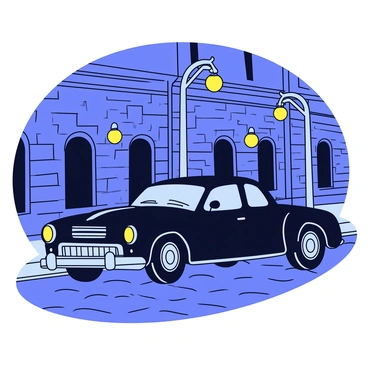 A sleek vintage car with a shiny black exterior is parked on a quiet street. The car features chrome accents and elegant curves that highlight its classic design. Streetlights cast a soft glow over the scene, illuminating the car and the surrounding cobblestone pavement. In the background, there are shadowy outlines of old brick buildings with dark windows, adding a tranquil atmosphere to the nighttime setting.