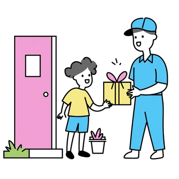 A young child with curly hair, wearing a bright yellow t-shirt and blue shorts, is standing at a front door with a big smile. The door is painted in a cheerful shade of red. A mailman, dressed in a blue uniform with a cap, is handing a colorful package to the child. The package is wrapped in shiny paper with a big bow. The scene is set on a sunny day, with green grass and a small flower pot beside the door.