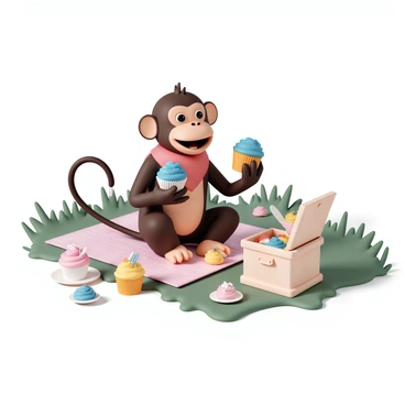 A monkey sitting on a picnic blanket, wearing a red bandana around its neck. The monkey is holding a cupcake with bright blue frosting in one hand and looking excited. Surrounding the monkey are various cupcakes, each adorned with colorful frosting, including pink, yellow, and green. There are also small plates and utensils scattered around, and a picnic basket is open nearby, revealing more treats. The grass is lush and green, contributing to the cheerful setting.