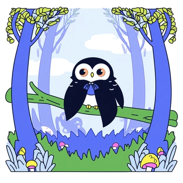 A chouette with large, round eyes and intricate feather patterns is wearing a flowing dark cloak that drapes elegantly around its body. The chouette is perched on a moss-covered branch, surrounded by towering trees with twisting trunks and vibrant, luminescent foliage. Soft, dappled light filters through the leaves, creating an enchanting atmosphere. In the background, faint silhouettes of magical creatures can be seen peeking through the underbrush. The forest floor is layered with rich green ferns and small, glowing mushrooms scattered across the ground.