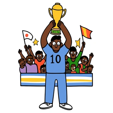 A light-skinned man with big eyes and short black hair is standing proudly, holding the ICC Cricket World Cup trophy above his head. He is wearing a blue cricket jersey with the number "10" on it and white cricket pads. The trophy glimmers in the sunlight, displaying its intricate details. The background shows a cheering crowd, with vibrant banners and flags representing various cricket teams, creating an atmosphere of celebration and achievement.