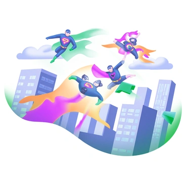 A modern pastel illustration shows several superheroes flying over a vibrant cityscape. Each superhero has a distinct costume, featuring bold colors and unique emblems. The city below is filled with tall buildings, their windows reflecting the sunlight. In the sky, dynamic motion lines convey action and energy as the superheroes soar through clouds. Some superheroes are engaged in a dramatic pose, showcasing their powers, such as emitting light or creating a wind gust. The overall scene captures a sense of excitement and adventure.