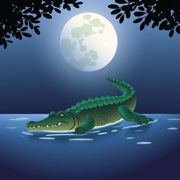 A saltwater crocodile is gracefully gliding through dark waters under a moonlit sky. The surface of the water reflects shimmering silver light from the full moon above. The crocodile's scaly skin glistens softly as it moves, showcasing a mix of dark greens and browns. A few ripples form around its body, creating a delicate pattern on the water's surface. Surrounding the crocodile are hints of silhouettes from overhanging trees, adding depth to the tranquil night scene.