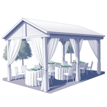 An outdoor pavilion is set up for a wedding banquet. The structure features elegantly draped white fabric hanging from the ceiling, creating a soft and romantic atmosphere. Several round tables are adorned with white tablecloths and centerpieces of lush greenery and delicate flowers. Each table is surrounded by white chairs, some with fabric sashes tied at the back. Soft lighting hangs from the pavilion's beams, adding a warm glow to the scene. In the background, trees frame the pavilion, while the ground is covered in a well-manicured lawn, enhancing the overall festive setting.