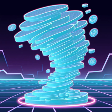 A swirling tornado made entirely of shimmering digital coins, each reflecting a spectrum of colors. The whirlwind is composed of intricate streams of binary code cascading downwards, creating a dynamic movement that suggests energy and chaos. The coins vary in size and design, showcasing elements like circuit patterns and holographic images. In the background, a stylized digital landscape can be seen, with glowing lines and grids enhancing the futuristic atmosphere. The scene captures a powerful sense of motion and transformation within the cyclone of digital wealth and information.