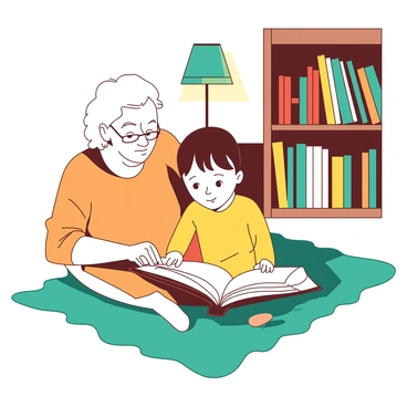 A child reading a story to their grandparent in a warm and cozy setting.