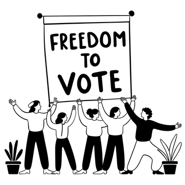 A large banner with the words 'Freedom to Vote' being held by a diverse group