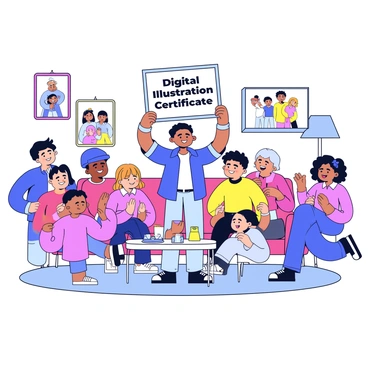 A family gathering with a proud relative showing off their digital illustration certificate to loved ones.